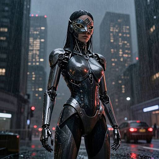 Cybernetic woman in shiny black armor stands in rainy city street at night, surrounded by tall buildings and blurred car lights. Photorealistic CGI