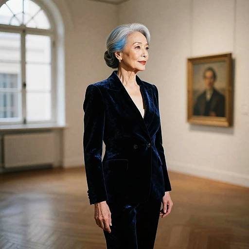 Statuesque Silver-Blue-Haired Woman in Velvet Suit