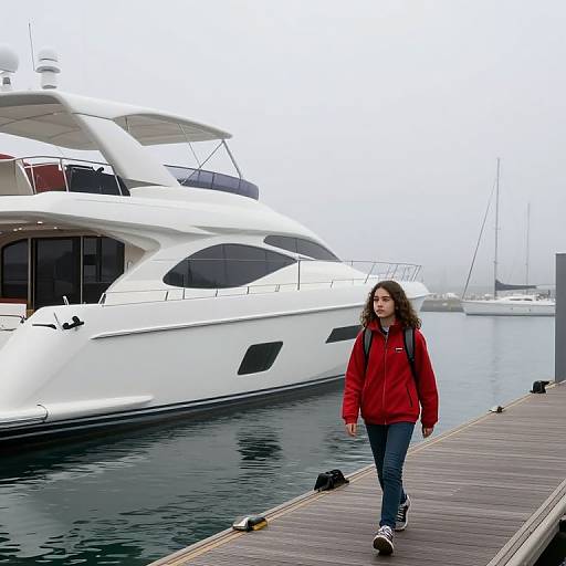 Photograph of a curly-haired woman in a red jacket and blue jeans walking on a dock beside a large white yacht.