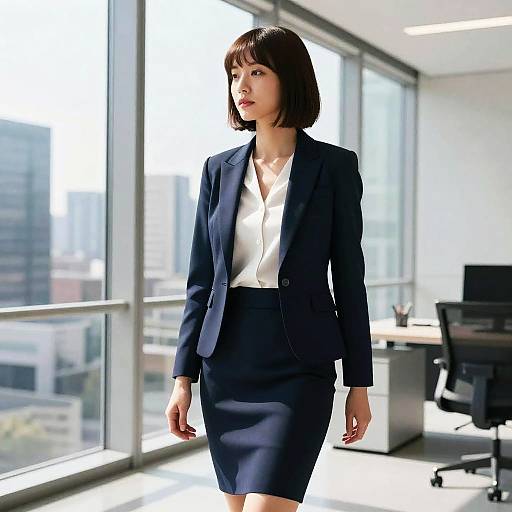 Photograph of an Asian woman in a navy blazer and white blouse, dark skirt, standing in a bright, modern office with large windows.