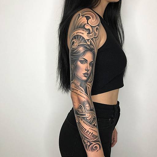 Photograph of a woman with long black hair, wearing a black crop top and high-waisted pants, showcasing a detailed black-and-grey tattoo sleeve