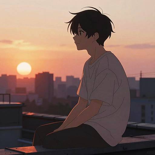 Anime-style digital drawing of a young boy with spiky black hair, wearing a white t-shirt, sitting on a rooftop at sunset, city skyline in