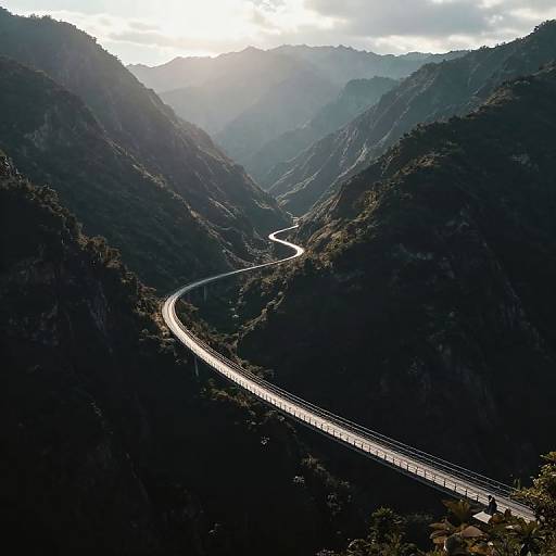 Photograph of a winding train snakes through a dark, mountainous valley with sunlight filtering through misty, tree-covered peaks in the background.