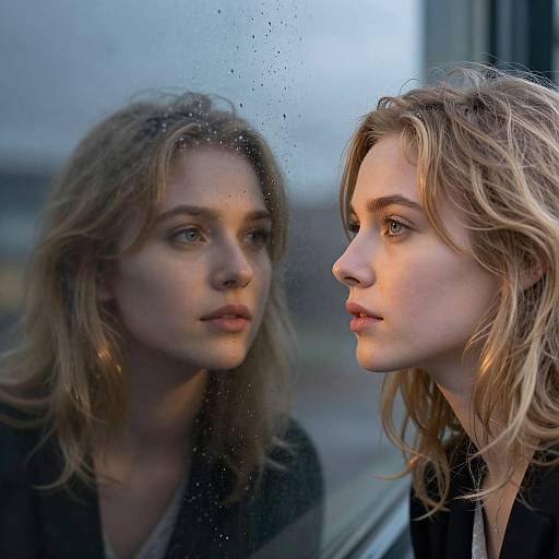 Woman's Reflection Through Rainy Window