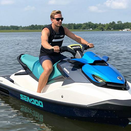 Photograph of a muscular man with short blonde hair, wearing sunglasses and a black sleeveless shirt, riding a blue and white Seadoo watercraft on