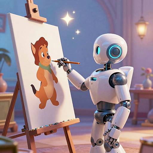 Disney-Style AI Robot Painting Scene