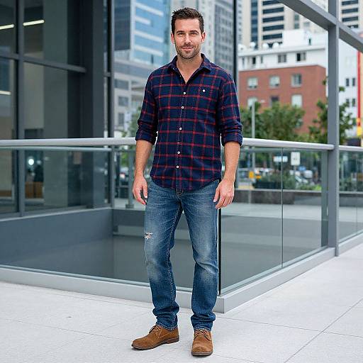 Photograph of a bearded man with short brown hair, wearing a red and blue plaid shirt, blue jeans, and brown boots, standing in