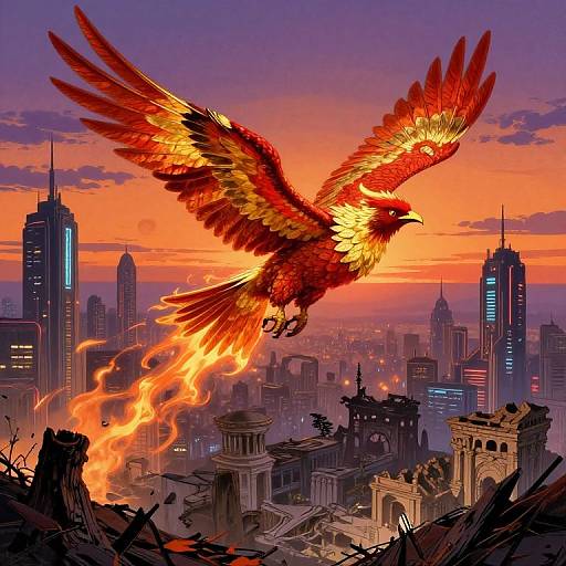 Digital artwork of a fiery red and yellow phoenix soaring over a cityscape at sunset, with skyscrapers and ancient ruins in the foreground. Vibrant