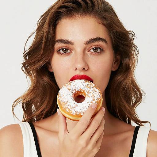 Photograph of a young woman with wavy brown hair, red lipstick, and white tank top, eating a powdered donut, centered against a white