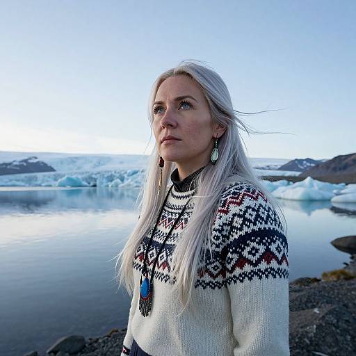 Photograph of a blonde woman with long hair, wearing a white knit sweater with black and red patterns, standing by a serene, icy landscape with floating