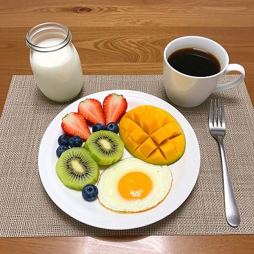 Photograph of a breakfast plate with sliced strawberries, kiwi, blueberries, mango, egg, glass of milk, and coffee on a wooden table