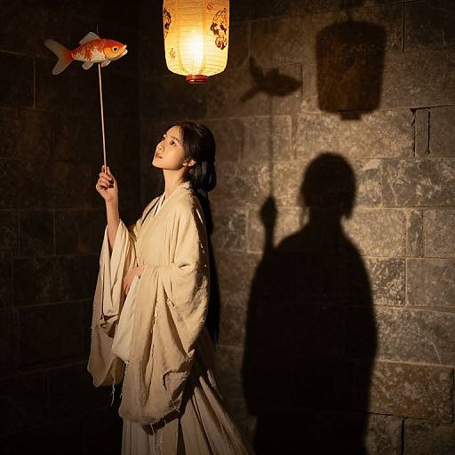 Photograph of a woman in a beige kimono, holding a paper lantern with a fish design, casting shadows on a stone wall.