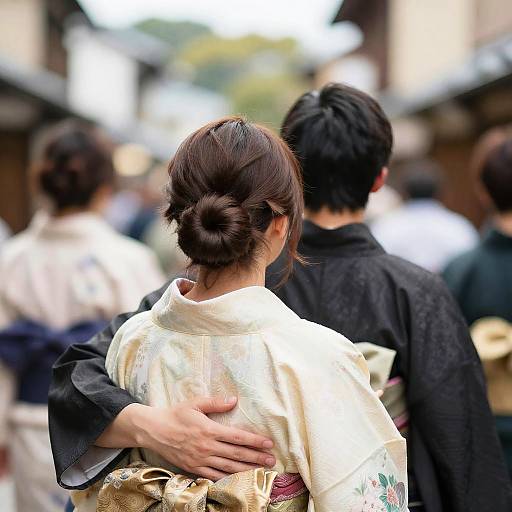 Blurry Back-View Kimono Couple Hug