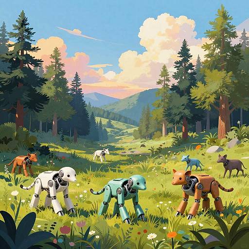 Digital art of a vibrant forest meadow with six colorful, robotic, dinosaur-like creatures grazing among wildflowers and towering trees under a bright, blue sky