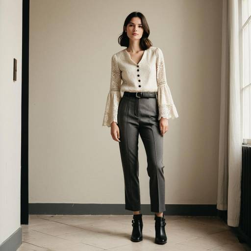 Woman in Spanish Lace Blouse and Tapered Trousers