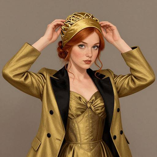 Photograph of a fair-skinned redheaded woman wearing a gold crown, gold dress with black trim, and gold jacket, posing against a gray background
