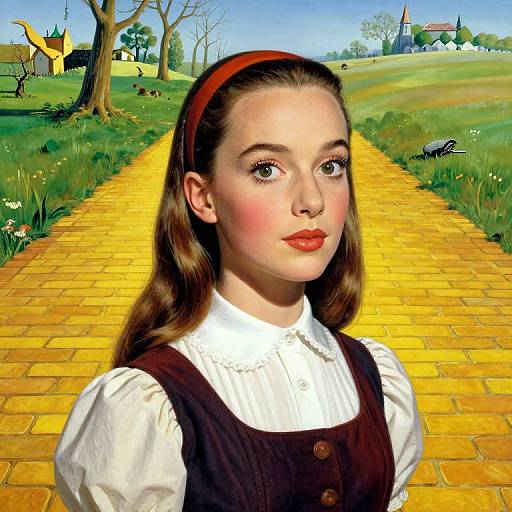 Digital artwork of a young girl with fair skin, red lips, and brown hair in a red headband, wearing a white blouse and black pina