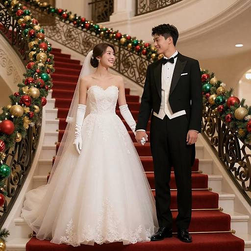 Romantic Couple on Festive Staircase