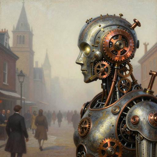 Elegant Steampunk Automaton in Victorian Cityscape