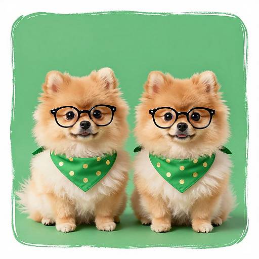 Photograph of two adorable fluffy Pomeranians with light orange fur, black glasses, and green polka-dotted bandanas, sitting against a