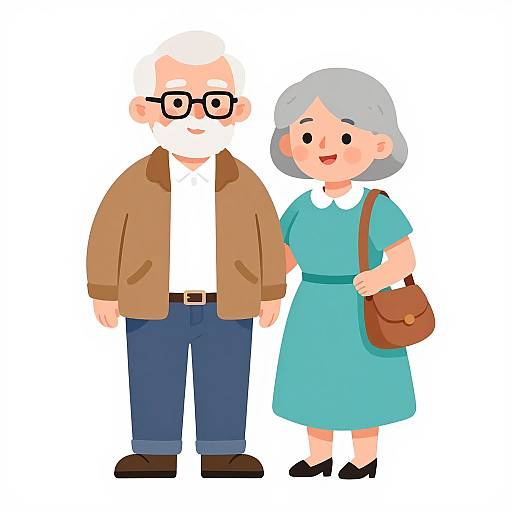Cartoon-style drawing of a bald, glasses-wearing elderly man in a brown jacket and blue pants, standing beside a gray-haired elderly woman in a