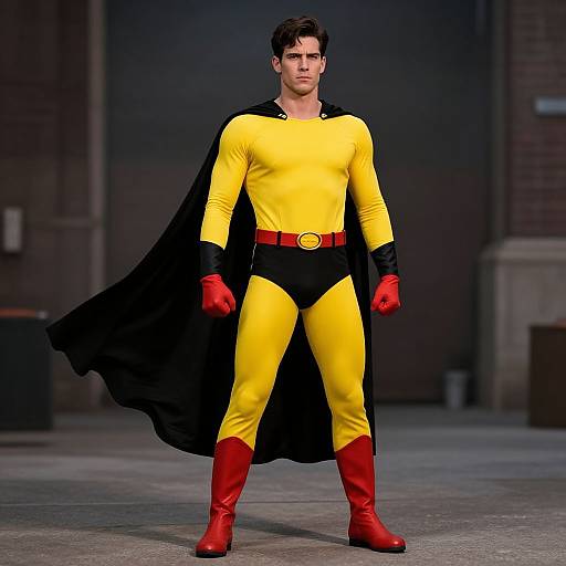 Photograph of a handsome, muscular man in a yellow and black superhero costume with red boots and gloves, standing confidently in a dimly lit industrial setting