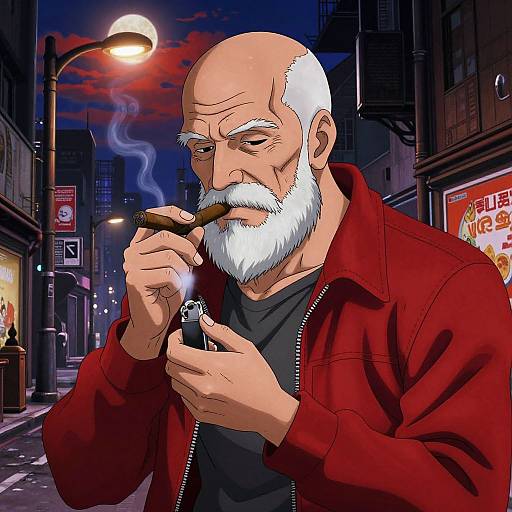Digital illustration of a bald, white-bearded man in a red jacket, smoking a cigar on a dark, urban street at night.