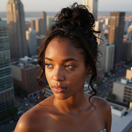 Photograph of a young Black woman with glowing brown skin, dark curly hair in a messy bun, looking off to the side, against a blurred city