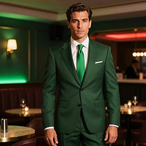Photograph of a handsome, dark-haired man in a green suit, white shirt, and green tie, standing in a dimly lit, elegant restaurant