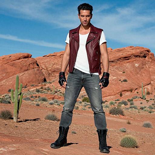 Photograph of a muscular man with dark hair, wearing a white t-shirt, maroon vest, blue jeans, black boots, and black gloves,