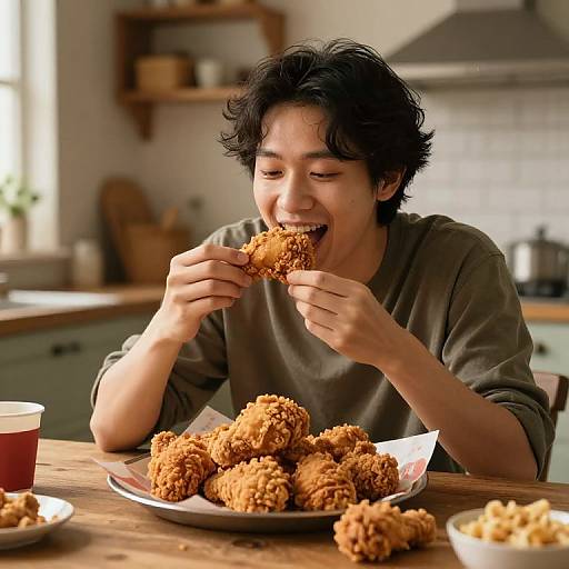 Photograph of an Asian man with short, wavy black hair, smiling while eating crispy fried dumplings at a wooden kitchen table.