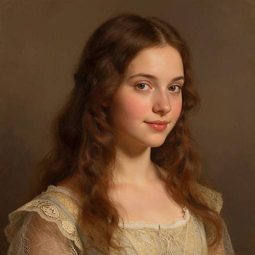 Digital portrait of a young woman with long, wavy brown hair, fair skin, and delicate features, wearing a lace-trimmed, sheer top