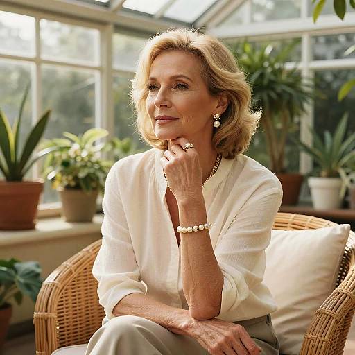 Confident Woman in Sunlit Conservatory
