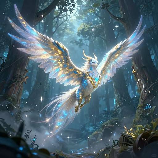 Digital fantasy artwork of a radiant, white-feathered, blue-accented winged creature with glowing golden accents soaring through a mystical, moonlit