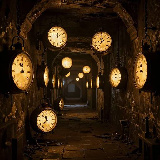 Photograph of a dimly lit, narrow stone corridor with glowing, old-fashioned wall clocks hanging at regular intervals, creating a mysterious, time-warped
