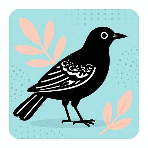 Digital illustration of a black bird with white wing patterns, standing on a light blue background with soft pink leaves.