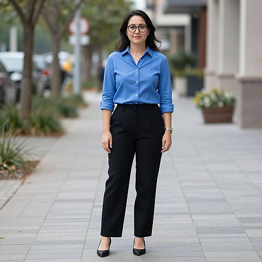Photograph of a woman with medium-length black hair, wearing black-framed glasses, blue button-up shirt, black high-waisted pants, and