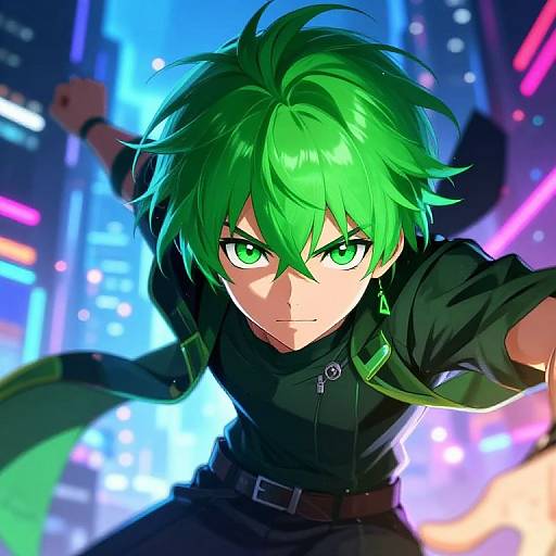 Dynamic anime-style drawing of a green-haired, green-eyed character with intense expression, wearing a black shirt, in a neon-lit cityscape.