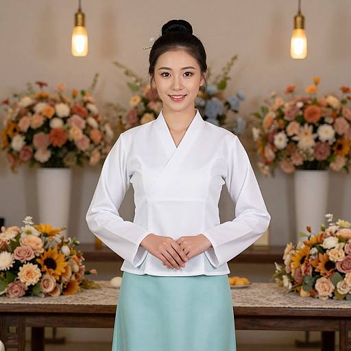 Photograph of an Asian woman with black hair in a bun, wearing a white blouse and turquoise skirt, standing in front of a floral-decorated