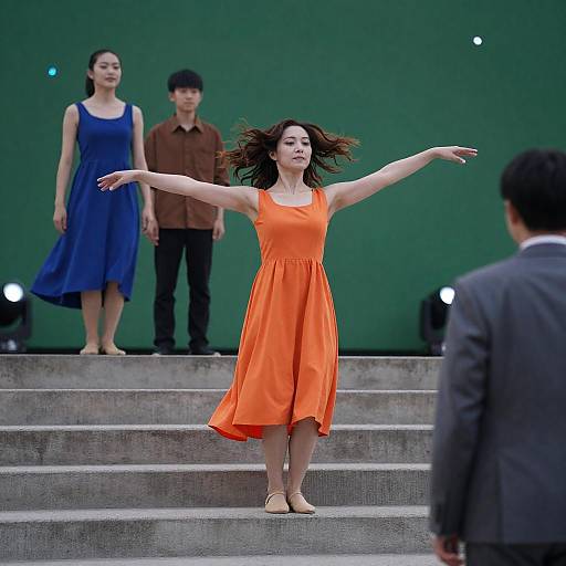 Dancing Woman in Orange Dress on Stairs