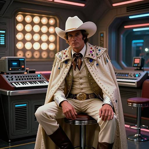 Photorealistic image of a serious, dark-haired man in a white cowboy hat and ornate, bejeweled white coat, sitting on a