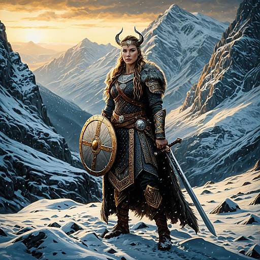 Ancient Viking Warrior Queen in Snowy Mountain Pass