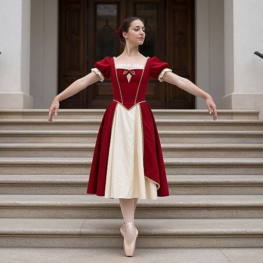 Photograph of a slender woman with dark hair in a red and white Renaissance-style dress, poised on pointe, standing on stone steps in front of