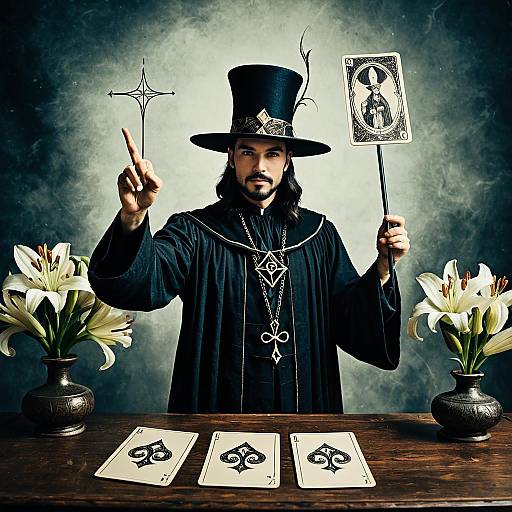 Male Magician with Tarot Cards and Magic Wand