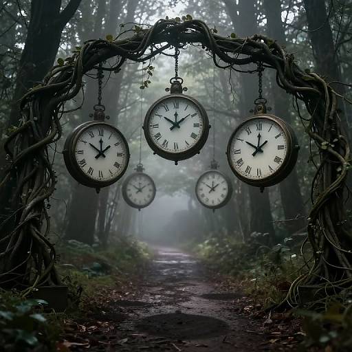 Magical forest path with five hanging vintage clocks in a twisted, vine-encrusted archway, shrouded in mist. Dark, eerie