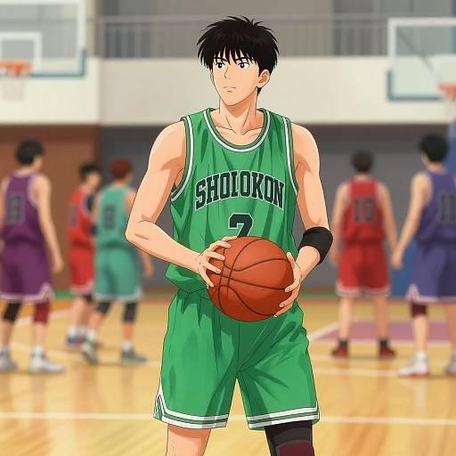 Anime-style digital drawing of a young male basketball player in a green Sholokov jersey, holding a basketball, standing in a gym with blurred teammates