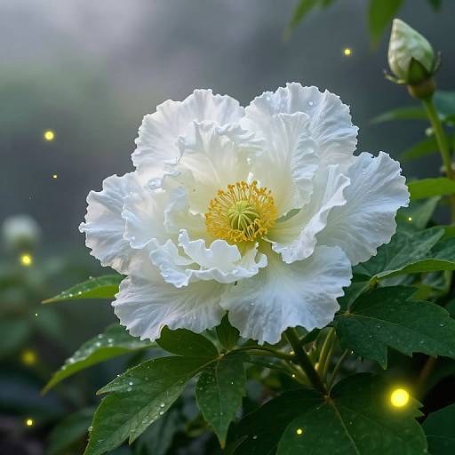 Photograph of a radiant white peony in full bloom with delicate petals, yellow center, surrounded by green leaves and glowing fireflies.
