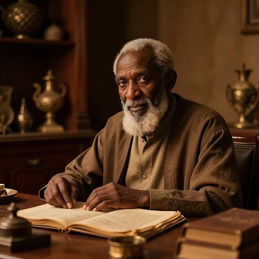 Photograph of an elderly African man with white beard, wearing brown jacket, writing in an illuminated book in a dimly lit, ornate room with