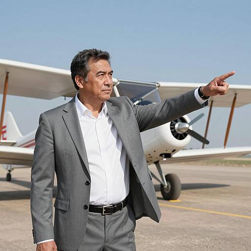 Determined Man Pointing at Biplane