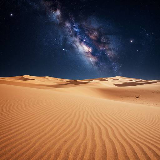 Photograph of a starry night sky over rippled, golden sand dunes with the Milky Way galaxy visible, creating a surreal desert landscape.